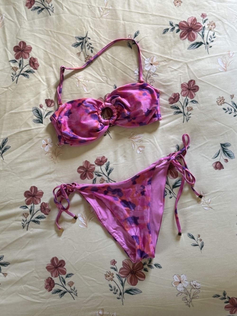 Pink Tie-Dye Ring-Front Bandeau Bikini Set